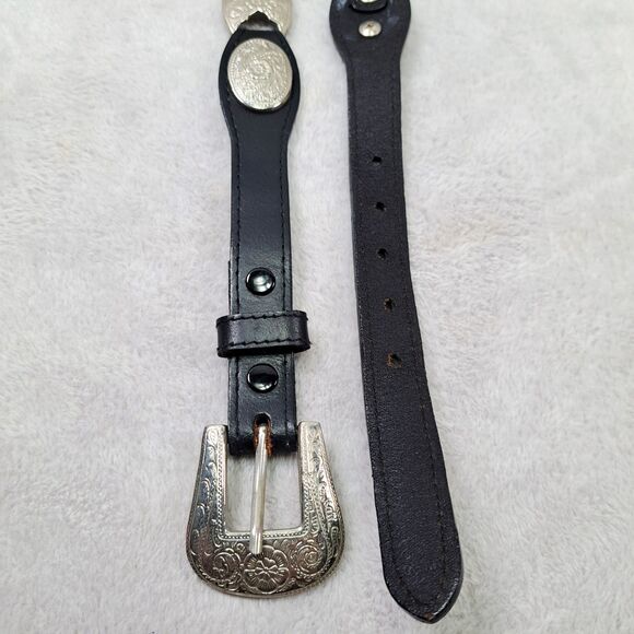 Belt Black Leather & Concho Silver Floral Medallion Medium Western Country Girl - Picture 2 of 10